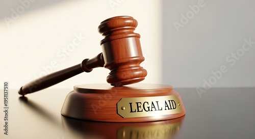 A wooden gavel resting on a legal aid block on a table in a courtroom or law office setting with a subtle background