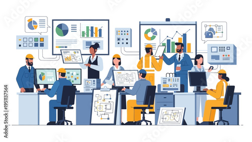Diverse professionals and engineers collaborating in a modern control room, analyzing data to optimize industrial processes.