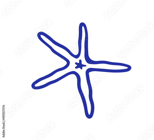 Sea star fish, outline doodle drawing. Starfish, ocean coastal mollusk, hand-...