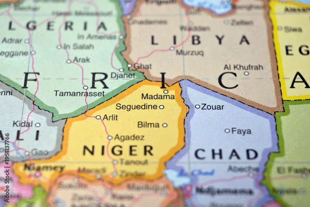 Obraz premium Madama Niger on World Map with Blurred Background – Geography Location Concept