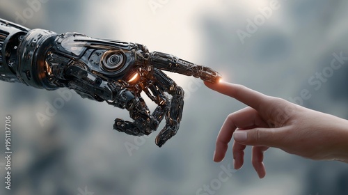 Digital Transformation Concept with Robotic and Human Fingers Touching - Industry 5.0 and Automation