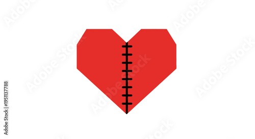 A red heart with stitches.
