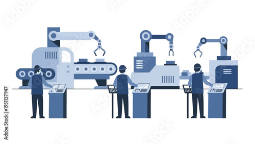 Automated industrial production line with human operators managing robotic arms and conveyor systems in a modern manufacturing facility.
