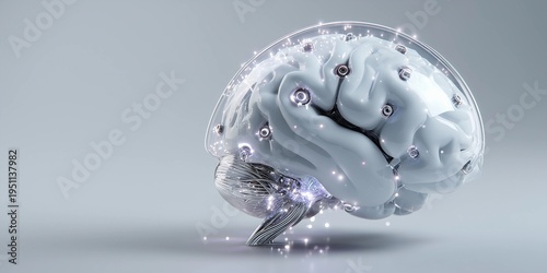Human brain made from white plastic with microchips and data flowing,banner,copy space,AI concept