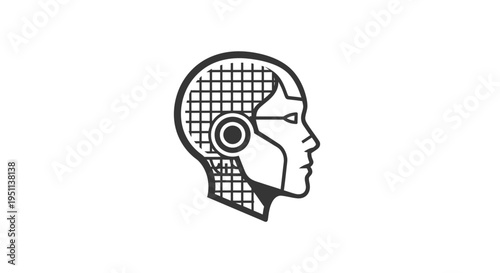 Black and white illustration of a robotic head with a grid pattern.