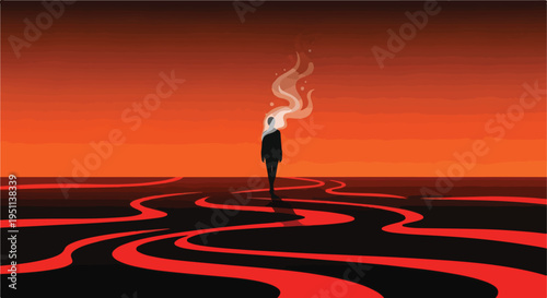 Solitary figure walks through a surreal landscape of flowing lava and fiery sky