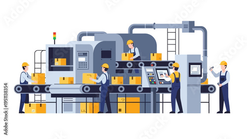 Workers in a modern factory operating an automated production line, managing packaging, manufacturing, and logistics workflow.