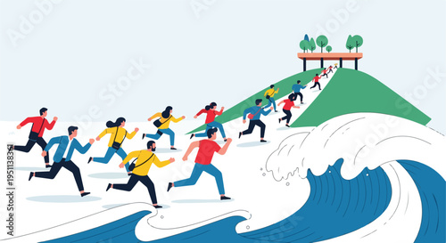Diverse group of people running towards a hilltop pavilion amidst a stylized wave