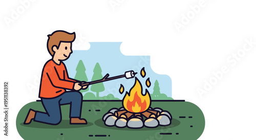 A person roasts a marshmallow over a campfire in a stylized outdoor scene