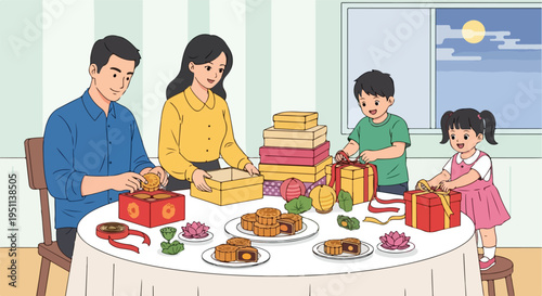 Family gathers around a table preparing gifts and mooncakes under the moonlight
