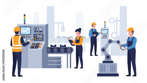 Skilled factory workers operating advanced machinery and automated robotic arm on a modern industrial production line illustration