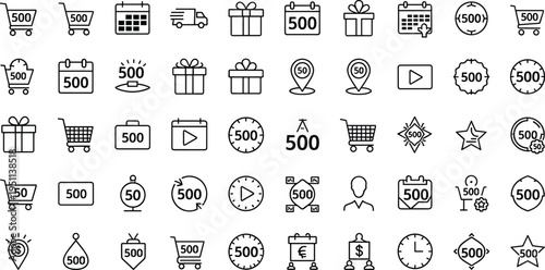 Professional shopping icon set featuring gift boxes shopping carts calendars delivery trucks five hundred points badges discount symbols and e-commerce marketing line art icons.