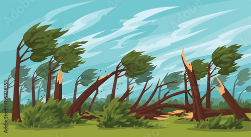 Trees battered by strong winds, with some branches broken and fallen