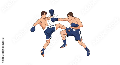 Two male boxers wearing blue gloves and shorts fighting in mid-air with punches thrown.