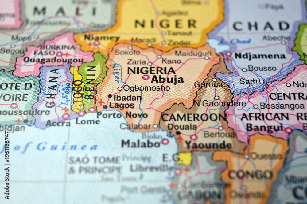 Obraz premium Ogbomosho Nigeria Macro World Map Defocused Bokeh Background Close Up Image