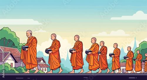 Monks in orange robes walk in procession carrying alms bowls past buildings and trees