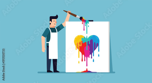 Artist paints a colorful dripping heart on a canvas