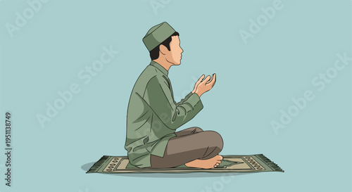 A person in traditional attire prays on a rug with open hands and closed eyes