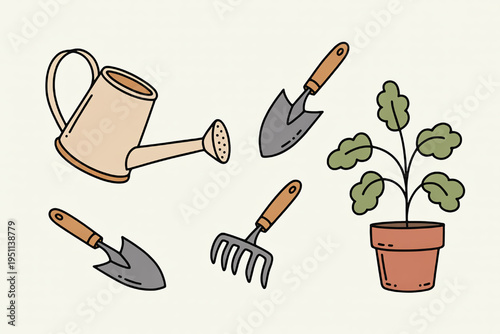 Gardening tools and potted plant illustration hand-drawn vector elements for spring and summer projects isolated on a light background