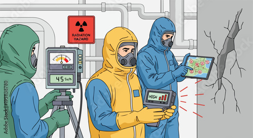 Personnel in hazmat suits assess radiation levels near a cracked wall, using monitors