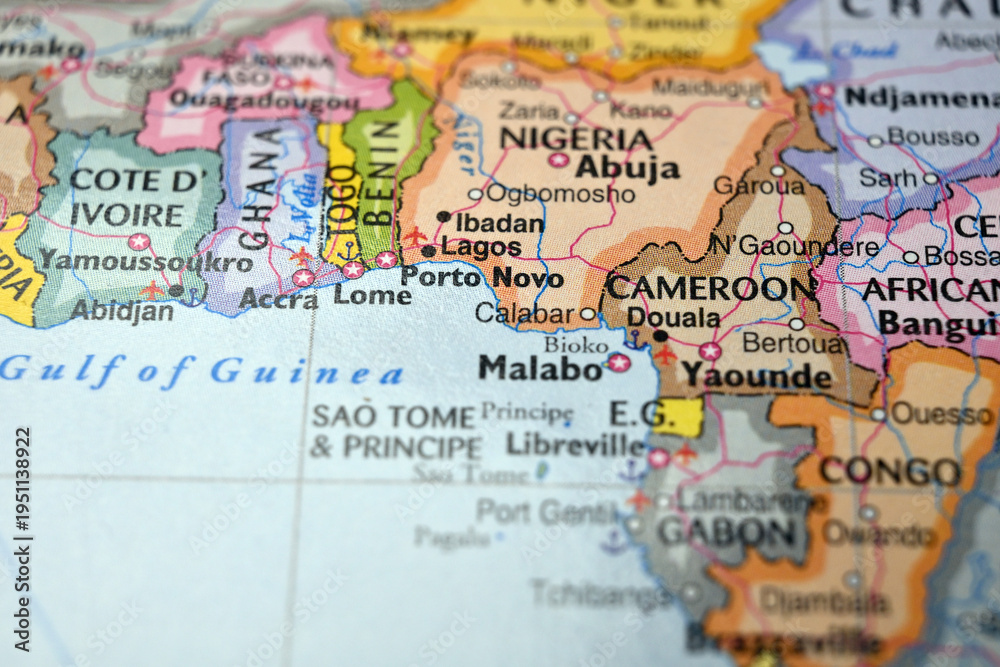Naklejka premium Calabar Nigeria Macro World Map Defocused Bokeh Background Close Up Image