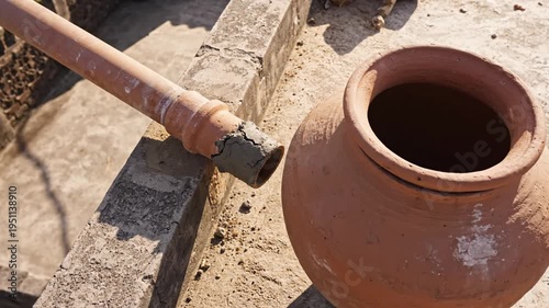 Clay Water Pot and Drainage Pipe on a Sunny Rooftop in a Rustic Setting