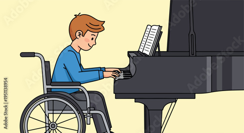 A young person in a wheelchair plays a grand piano with a sheet music open