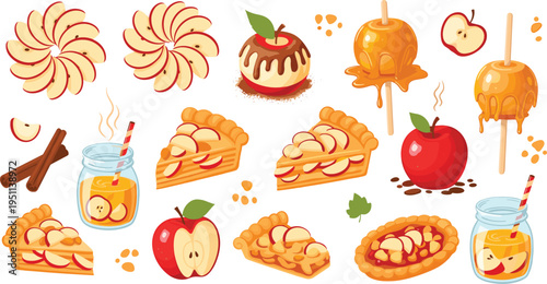 Apple dessert vector set with pies, caramel apples, sliced fruits, cinnamon, juice jars and sweet bakery elements in colorful cartoon illustration style