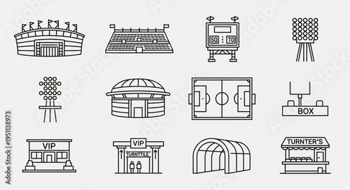 Collection of Stadium and Sports Facility Icons in Outline Style.