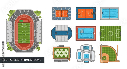 Diverse Sports Field Illustrations - Stadium, Courts, and Baseball Diamond.