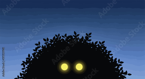 Silhouette of a mysterious creature with glowing eyes behind leaves at dusk