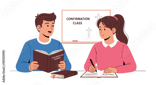 Two young people studying at a table, one reading, one writing, in a confirmation class
