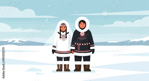 Two figures in traditional arctic clothing stand in a snowy landscape