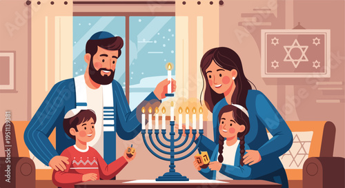 A joyous family gathers to light Hanukkah candles and play with dreidels