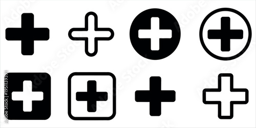 Clean and modern collection of plus symbols in various styles and shapes, ideal for healthcare, wellness, and corporate branding projects. High contrast design suitable for apps, websites, and print .