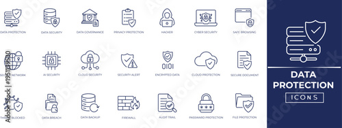 Data protection line icon set. Featuring cybersecurity, firewall, AI security, data security, privacy protection, encryption, and more icons. Editable outline icon collection.