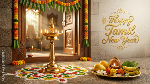 Traditional indian diwali festival decoration with candles fruits and floral patterns celebrating tamil new year