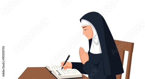 A nun prays with closed eyes while writing in a book at a desk