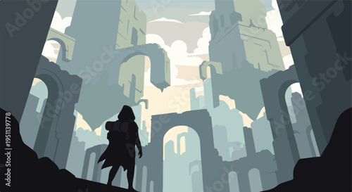 Silhouette traveler stands before colossal, crumbling ancient structures under a hazy sky
