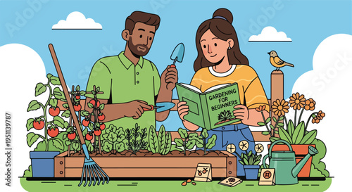 Couple learning about gardening from a book while tending to plants