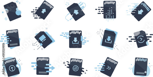 Memory card transfer icons vector set with upload, download, sync, backup and data exchange symbols in modern flat digital technology illustration style