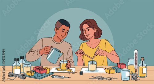 Couple crafting candles at a table with supplies for wax, wicks, and jars