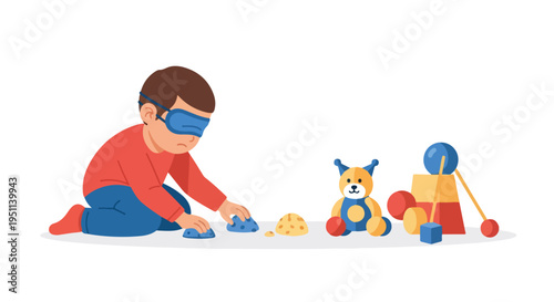 Blindfolded child plays with sand and toys, fostering imagination and sensory exploration