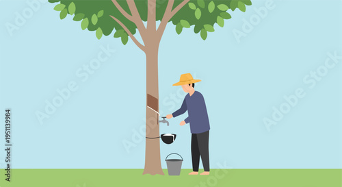 Farmer collecting liquid from a tree in a bucket under a large tree