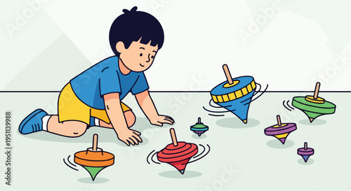 A child plays with spinning tops on a light blue surface