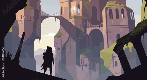 Solitary figure with pack overlooks ancient, overgrown citadel and bridges