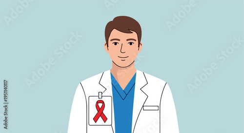A doctor wearing a white lab coat with a red awareness ribbon badge