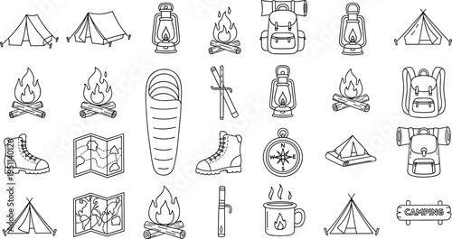 Collection of camping and outdoor adventure icons in a simple line art style