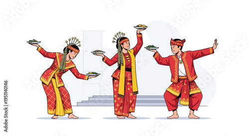 Three performers in red and yellow traditional attire present food dishes