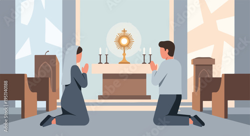 Two people in prayer in a church before a monstrance on an altar